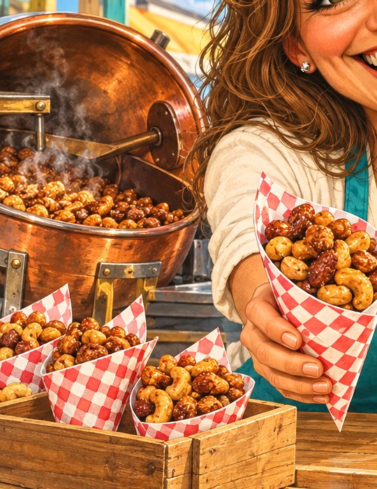 The copper kettle steaming with candied nuts and paper cones lined up on the counter.