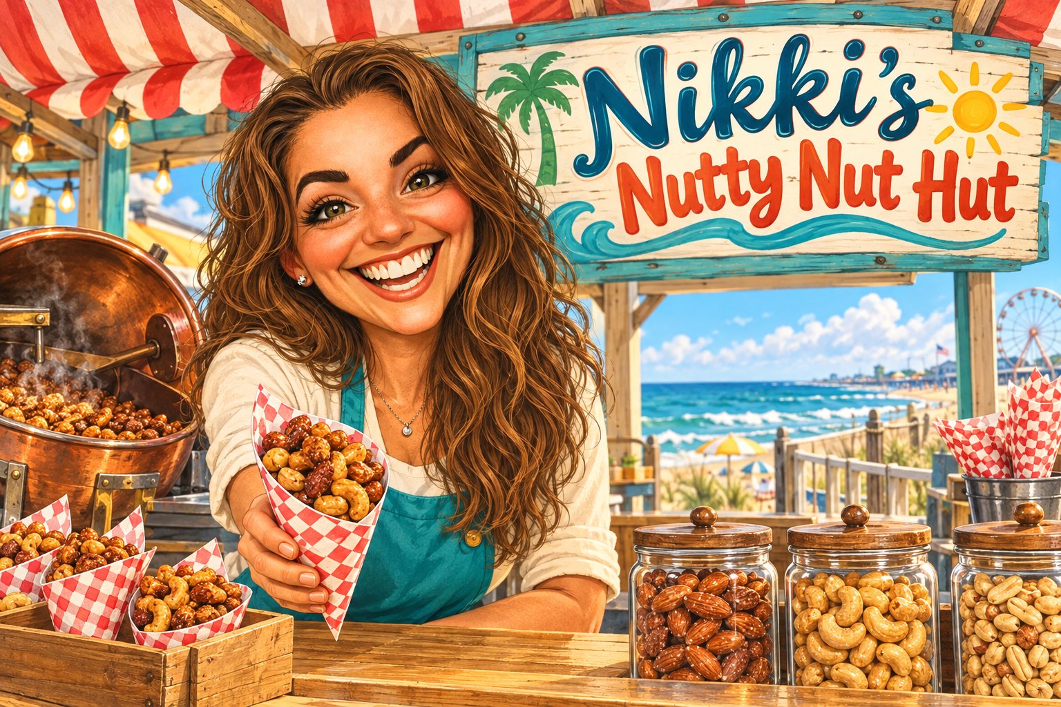 Nikki behind the counter of the nut hut, handing over a paper cone of candied nuts, with a copper kettle, jars of nuts and the beach behind her.